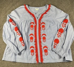 Crown & Ivy Peasant Top Women’s XL Chambray Blue With Red Embroidered EUC - Picture 1 of 6