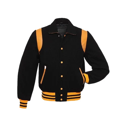 Nueva chaqueta hecha a mano de lana negra y cuero naranja con tiras de hombro de cuero real Foto 1 de 4