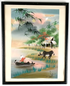 Vintage Vietnamese Watercolor on Silk Painting Water Buffalo Signed Framed 1033 - Picture 1 of 6