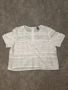 Chicos Black Label Lace Mesh Eyelet Short Sleeve Top Shirt Sz 2 Bk Zip Off-White - Picture 1 of 13