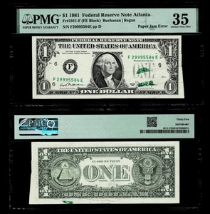 Paper Jam Error Fr. 1911-F $1 1981 FR Note~PMG CHOICE VERY FINE 35 - Picture 1 of 3