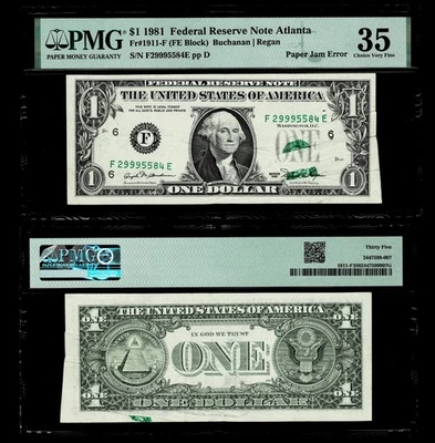 Paper Jam Error Fr. 1911-F $1 1981 FR Note~PMG CHOICE VERY FINE 35 - Image 1 of 3