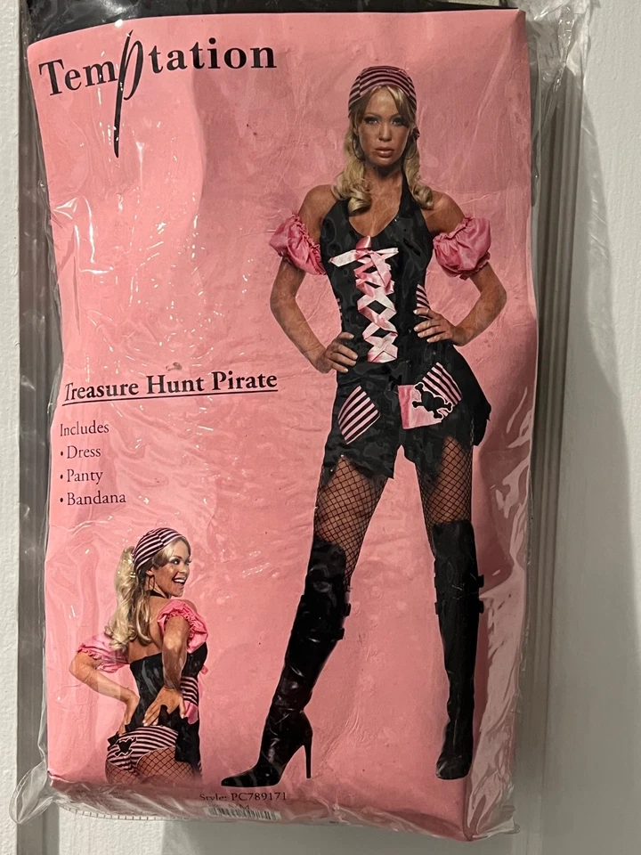 Disfraz de halloween pirata cazador de tesoros, negro con rosa y pañuelo. ¡Impresionante! Foto 1 de 1