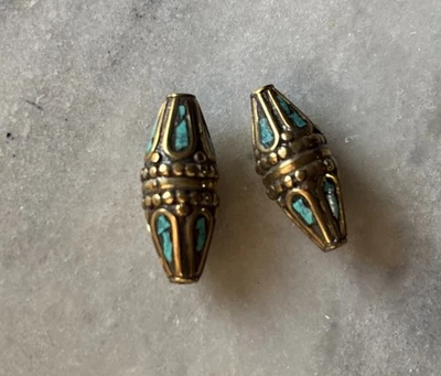 2pcs Tibetan Handmade Turquoise Brass Beads 28x11mm CC232 - Image 1 of 2