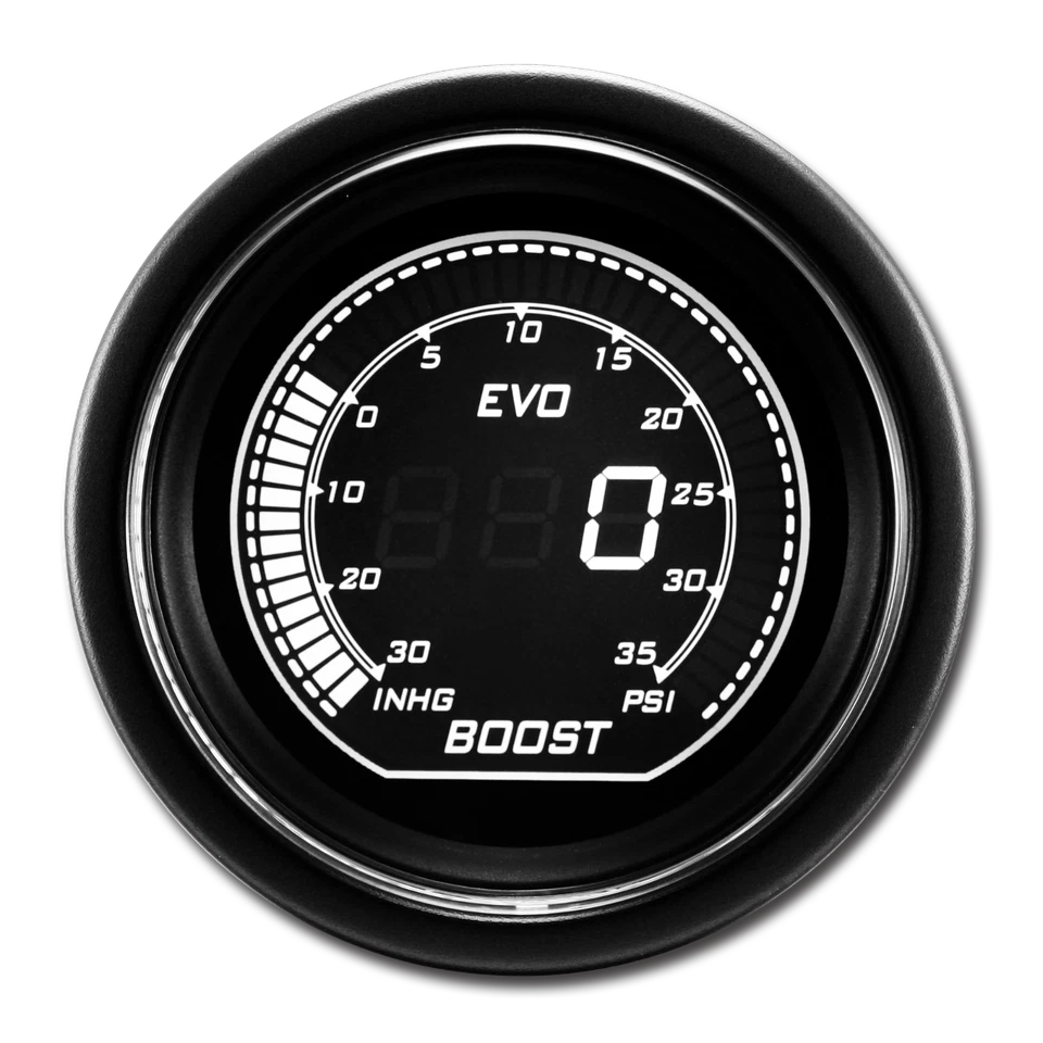 EVO 52mm Digital Turbo Boost/Vacuum Gauge -30~0 inHg/0~35 PSI White & Green LCD - Image 1 of 4