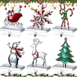 Set of 6 Christmas Stocking Holder Fireplace Mantel Stocking Hooks Snowman Snowf - Picture 1 of 6