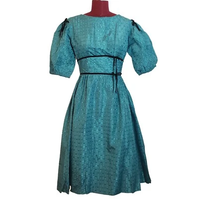 Vestido vintage anos 50 azul-petróleo tafetá gola redonda linha A mangas folhadas acabamento preto XSmall - Imagem 1 de 4