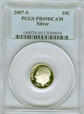 2007-S Proof  SILVER Roosevelt Dime   PCGS PR69DCAM...   # 9939 - Image 1 of 2