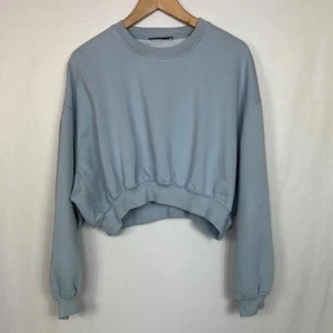Zara Cropped Sweatshirt Size L Blue Women's Long Sleeve Crew Neck - Picture 1 of 5