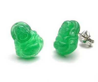 Lovely Genuine Green Jade Laughing Maitreya Buddha 18KWGP Stud Earrings - Image 1 of 3