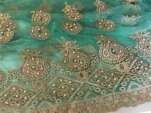 NEW Designer Jade / Green Gold Pearl Paisley Border Lace Fabric Wedding Outfit - Picture 1 of 8