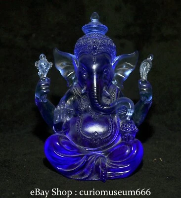 5.6" Tibet Budismo Cristal Azul Tallado Ganesh Señor Ganesha Elefante Dios Estatua Foto 1 de 4