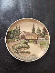 Unmarked Vintage Hand Painted Covered Bridge Hangable Wall Plate - Picture 1 of 4