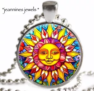 Sun Face Sunshine Necklace FAUX Stained Glass ART Print Silver Charm Pendant - Picture 1 of 14