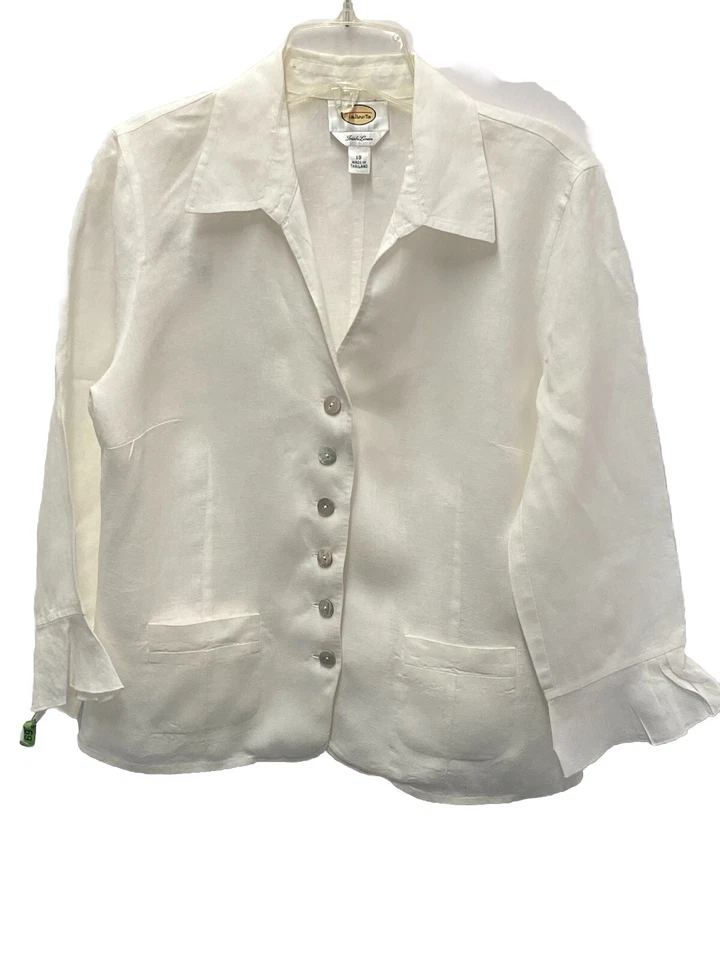 Blusa/chaqueta Talbots Irlandesa Lino Talla 10 Blanca Bolsillos Manga Volantes Foto 1 de 4