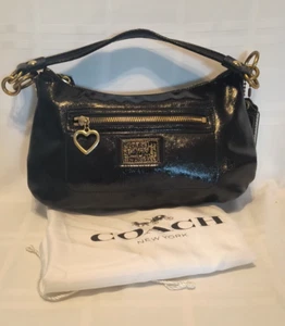 Coach Daisy Patent Leather Gloss Shoulder Bag Black Gold Zip Heart Pendant - Picture 1 of 13