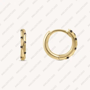 Natural Black Diamond Huggies Earrings 14k Gold Starry Diamond Hoops Earrings - Picture 1 of 3