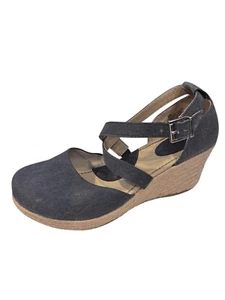 Born b.o.c. Bree Espadrille Wedges Size 8M Blue Denim Sandals Cross Ankle Straps - Picture 1 of 10