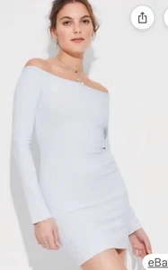 Neu mit Etikett Wild Fable hellblau schulterfreies figurbetontes Minikleid Langarm - Bild 1 von 4