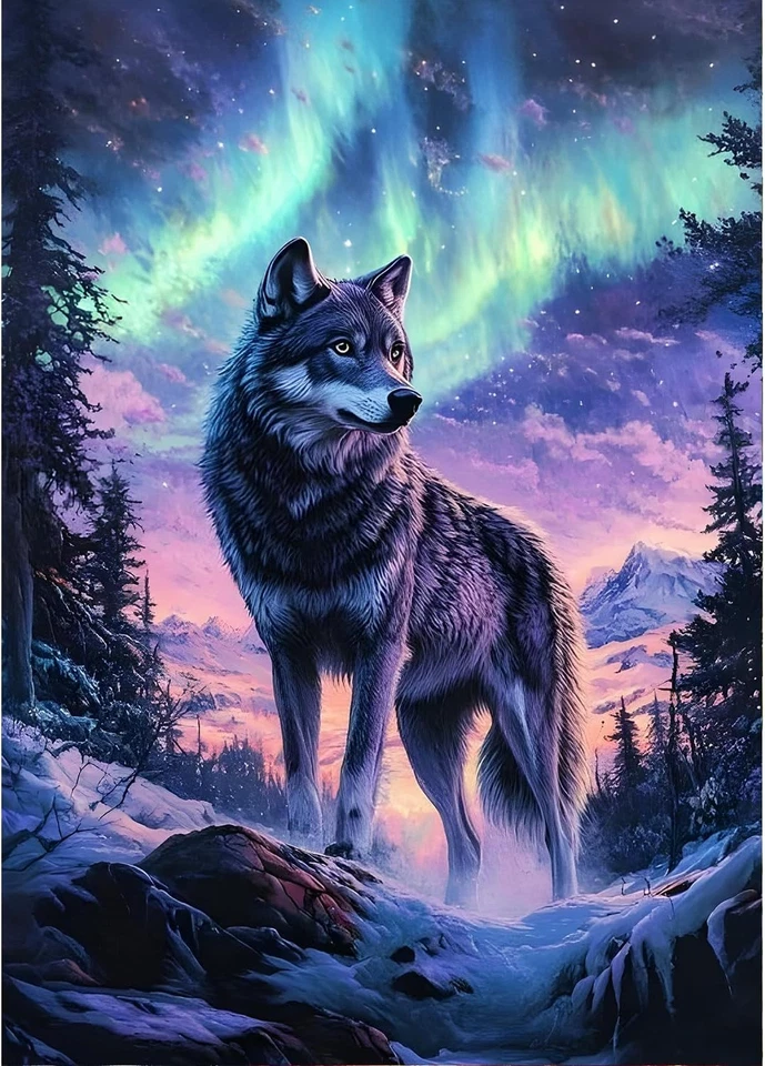 QINRUBB DIY Wolf Diamond Painting Erwachsene, 5D Nordlichter Diamant Painting