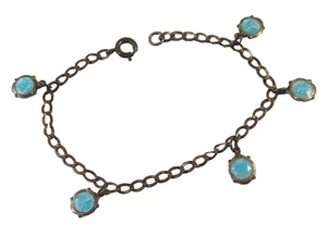 Vtg SILVER CHARM BRACELET w/5 TINY BLUE ENAMEL STERLING SILVER CATHOLIC CHARMS - Picture 1 of 13