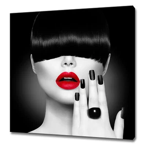 Elegante Mode Frau Model mit roten Lippen schwarze Nägel Leinwandbild Wandbild - Bild 1 von 7