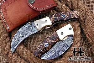 HUNTEX Custom Handmade Damascus 105 mm Long Hawkbill Blade Hunting Pocket Knife - Bild 1 von 7