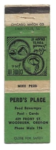 1930s WOODBURN OREGON PERD'S PLACE FOOD BEVERAGES MATCHBOOK COVER FRONT STRIKE - Picture 1 of 3