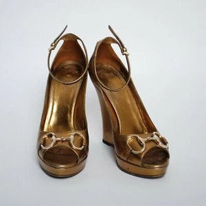 Gucci High Wedge Heels Shoes Gold Leather Platform Pumps Size EU 36.5 US 5.5 - Picture 1 of 12