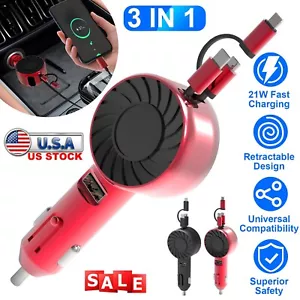 Car Phone Charger Adapter USB Type C Retractable Cable for iPhone 15 14 13 12 - Picture 1 of 31