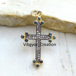Pave Diamond Cross Pendant Sapphire Charm 925 Solid Silver Gold Plated Jewelry - Picture 1 of 3