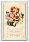 1924 jolie robe fille de Noël ruban rose téléphone houx baies carte postale