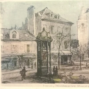 Montmartre Place du Tertre Paris Eau-forte Originale Ancienne sous Cadre - Picture 1 of 8