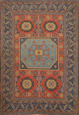 Antique Vegetable Dye Geometric Russian Kazak Hand-knotted Oriental Wool Rug 5x7 - Image 1 of 4