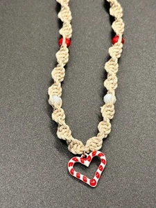 Candy Cane Heart  W/ Red And White Rondelle Crystal Spiral Hemp Necklace 18” - Picture 1 of 2