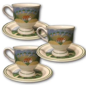 3 Country Cottage Sangostone Mugs plus Saucers 3645 Footed Coffee Cups - Picture 1 of 9
