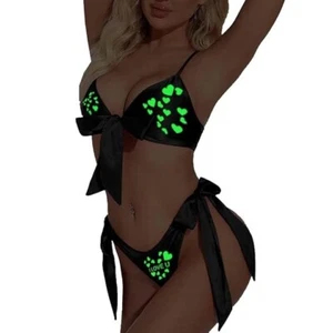 Kamuklife Satin Silk Glow in The Dark Black Lingerie Set Glowing Lingerie FS - Picture 1 of 5