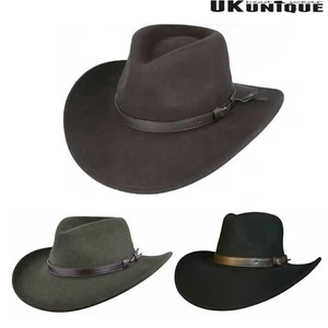 💎Cowboy Hat 100% Wool Crushable Stetson Western Style Outback Fedora 8cm Brim - Picture 1 of 15