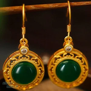 Retro Green Jade Earrings Rhinestone Drop Earring Gold Tone Jewelry Wedding Gift - Picture 1 of 4