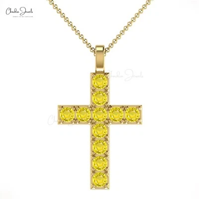 Religious Cross Locket 2mm Yellow Sapphire Stone 14k Real Gold Pendant For Wife - Image 1 of 4