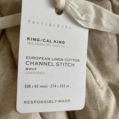Pottery Barn European Flax Linen Cotton Channel Stitch Quilt Oatmeal King New - Image 1 of 4