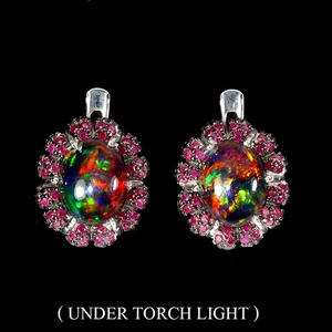 925 Sterling Silver Earrings Oval Black Opal 9x7mm Ruby Myanmar Gemstone Jewelry - Picture 1 of 14