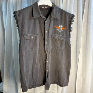 Harley Davidson Mens Sz XL Black Frayed Sleeveless Embroidered Button Down Shirt - Picture 1 of 10