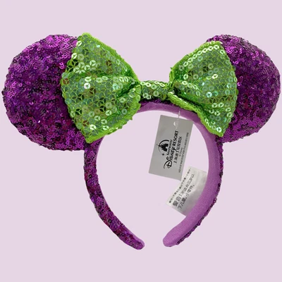 Disney` Parks Purple Green Sequines Headband Minnie Mickey Mouse Ears - Image 1 of 4