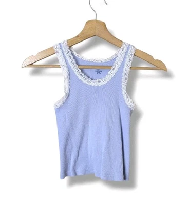 Brandy Melville Ronnie Tank Top Baby Blue Size S Lace Trim Y2K 100% Cotton - Image 1 of 4