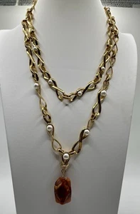 Oscar de la Renta Gold Twisted Loop Agate Stone Pearl Necklace - Picture 1 of 6
