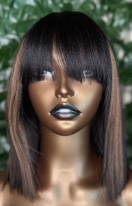 LUVME HAIR Light Yaki Straight Bob Glueless Wig w/Bangs, 12” Highlighted 180% - Picture 1 of 7