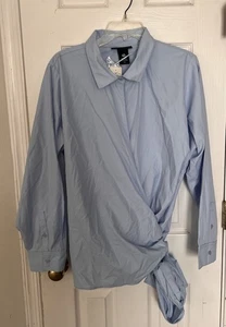 NWT Ashley Stewart Women’s Size 16 Blue Tie Front Wrap Blouse Shirt - Picture 1 of 5
