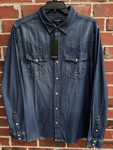 Neu mit Etikett True Religion HS Chambray dunkelblaue Waschung XXL Perlen Druckknopf LS Westernhemd M4 - Bild 1 von 11