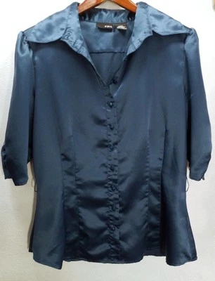 Blusa Mixit Para Mujer L Azul Satinado Manga Corta Botón Cuello Frontal  Foto 1 de 4